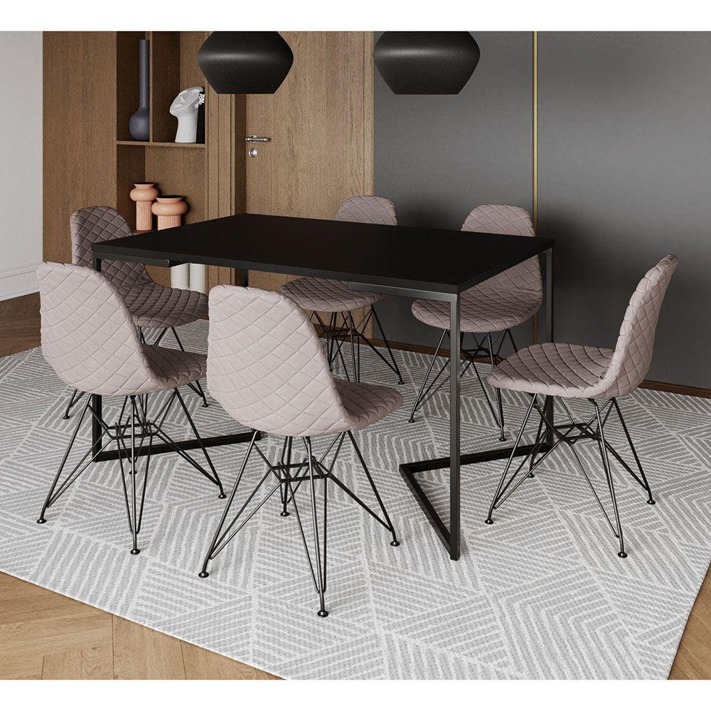 Mesa Industrial Retangular Base V 137x90cm Preta C/ 6 Cadeiras Estofadas Eames Nude Médio Aço Preto