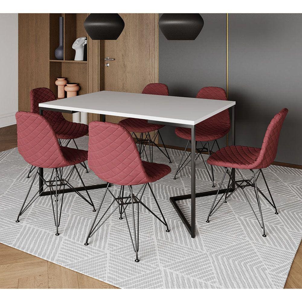 Mesa Industrial Retangular Base V 137x90cm Branca C/ 6 Cadeiras Estofadas Vermelhas Eiffel Aço Preto