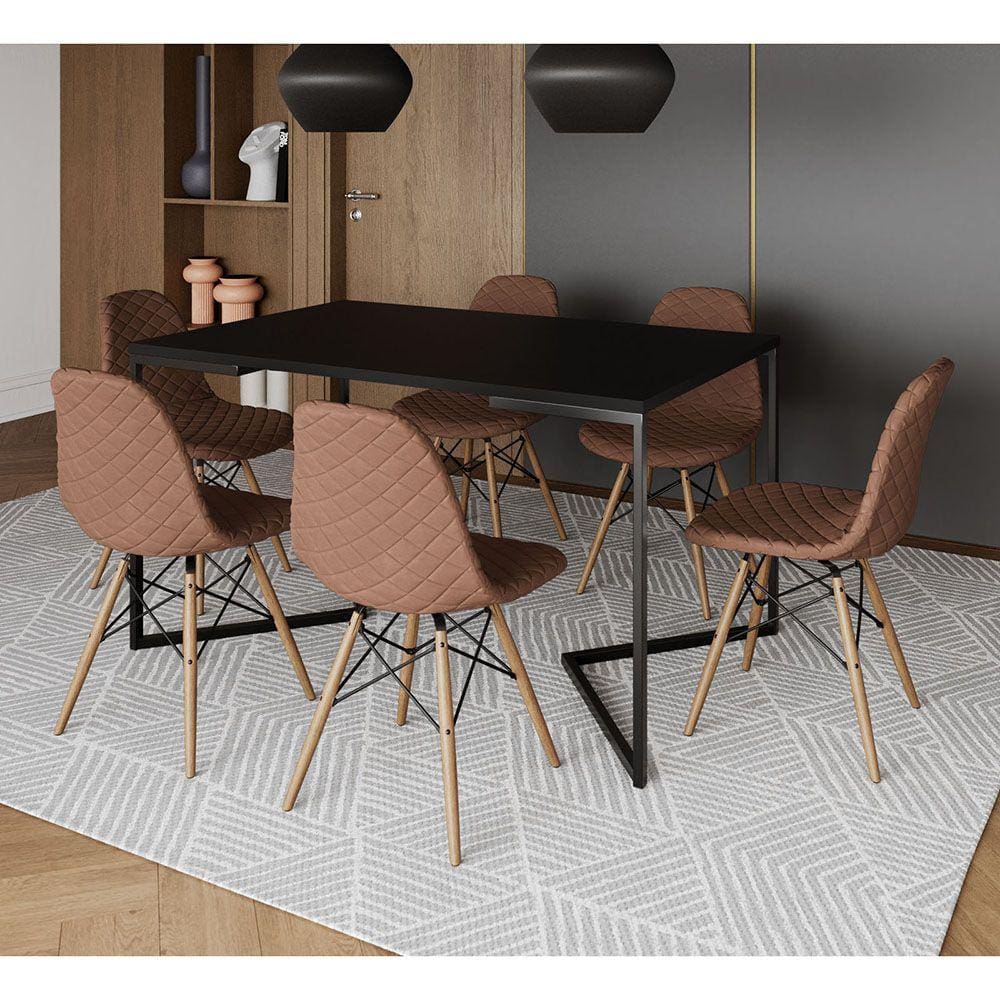 Mesa Industrial Retangular Base V Aço Preto 137x90cm Preta 6 Cadeiras Madeira Estofadas Caramelo