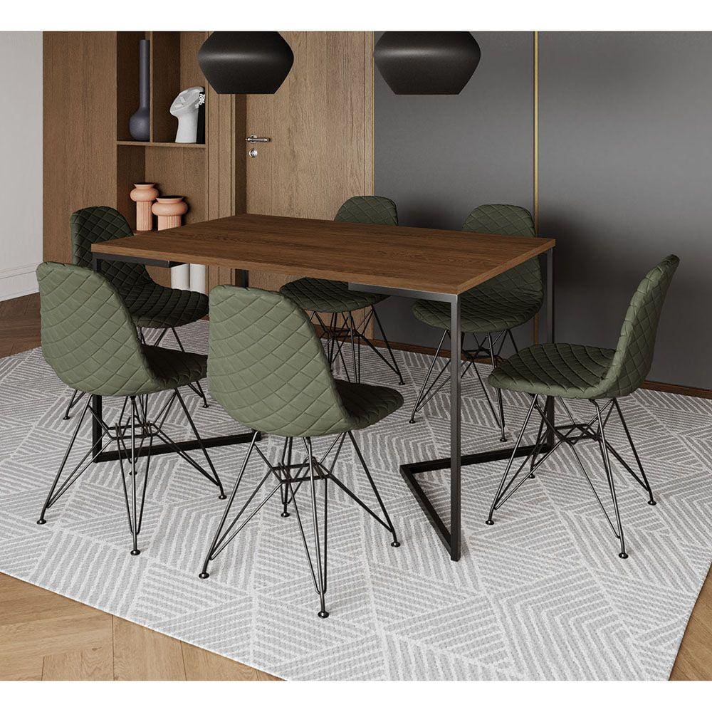 Mesa Industrial Retangular Base V 137x90cm Amêndoa 6 Cadeiras Eames Aço Preto Estofadas Verdes