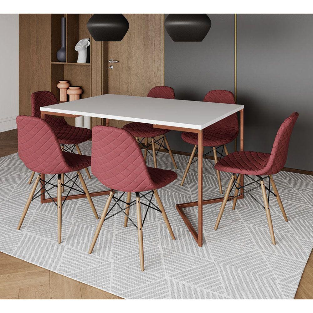 Mesa Industrial Retangular Branca Base V Cobre 137x90cm com 6 Cadeiras Madeira Estofadas Vermelhas