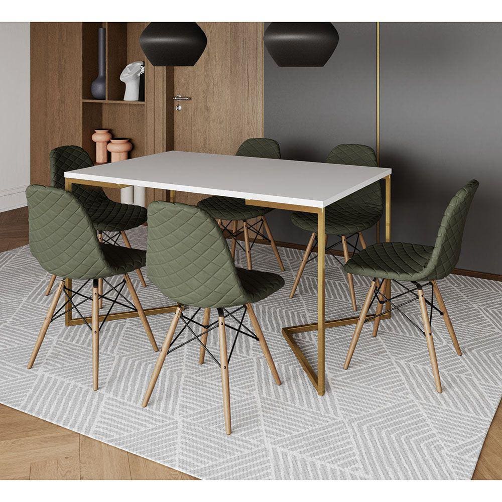 Mesa Industrial Retangular Branca Base V Dourada 137x90cm 6 Cadeiras Eames Madeira Estofadas Verdes