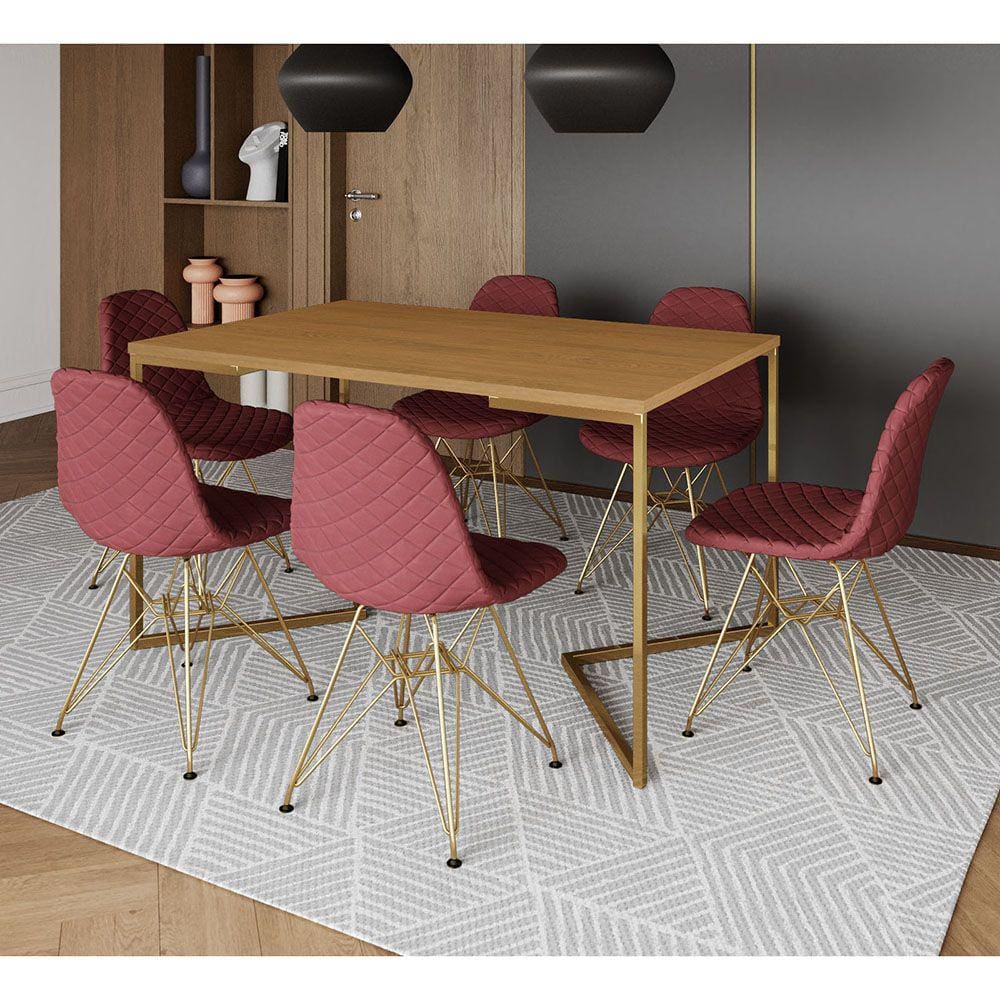 Mesa Industrial Retangular Canela Base V Dourada 137x90cm C/ 6 Cadeiras Estofadas Vermelhas Dourada
