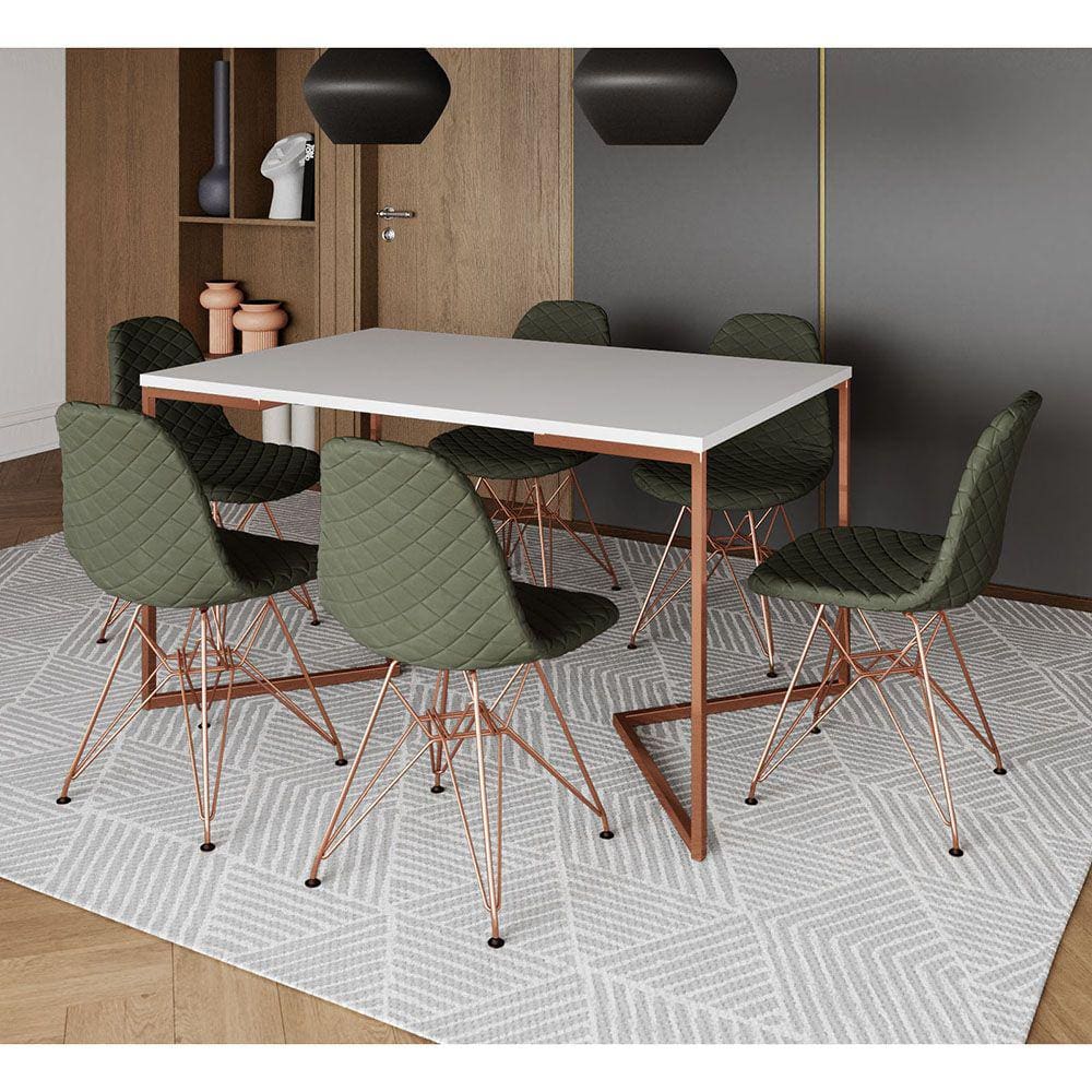 Mesa Industrial Retangular Branca Base V Cobre 137x90cm 6 Cadeiras Estofadas Verdes Eiffel Cobre