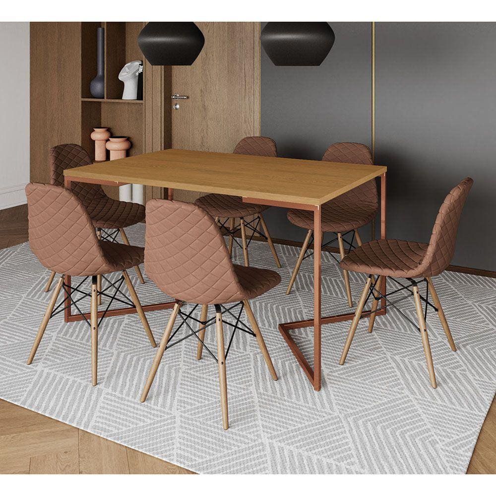 Mesa Industrial Retangular Canela Base V Cobre 137x90cm com 6 Cadeiras Madeira Estofadas Caramelo