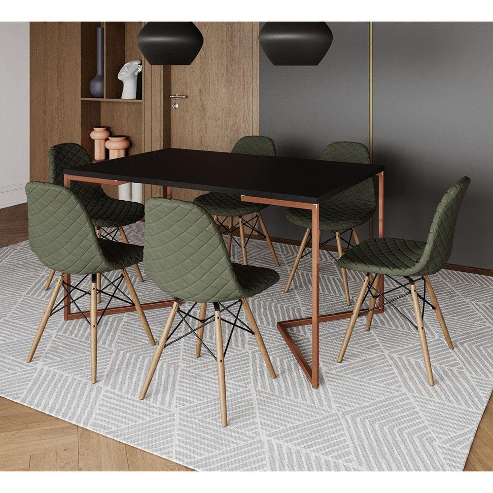 Mesa Industrial Retangular Preta Base V Cobre 137x90cm 6 Cadeiras Estofadas Eames Verdes Madeira