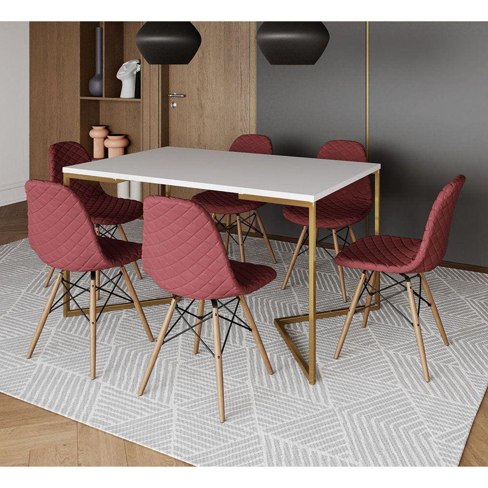 Mesa Industrial Retangular Branca Base V Dourada 137x90cm 6 Cadeiras Eames Madeira Estofadas Vermelh