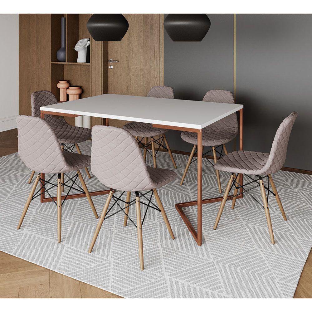 Mesa Industrial Retangular Branca Base V Cobre 137x90cm com 6 Cadeiras Madeira Estofadas Nude Médio