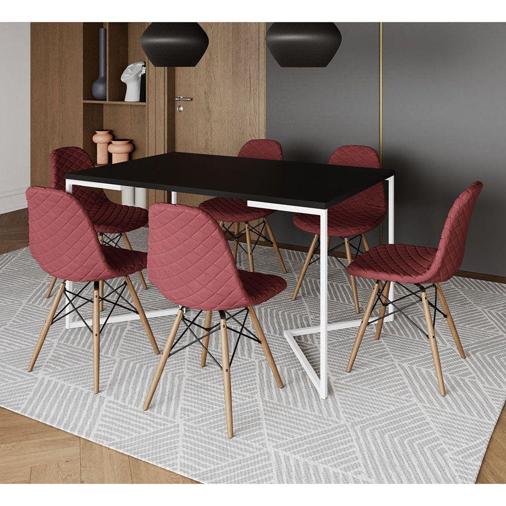 Mesa Industrial Retangular Preta Base V Aço Branco 137x90cm C/ 6 Cadeiras Madeira Estofadas Vermelha