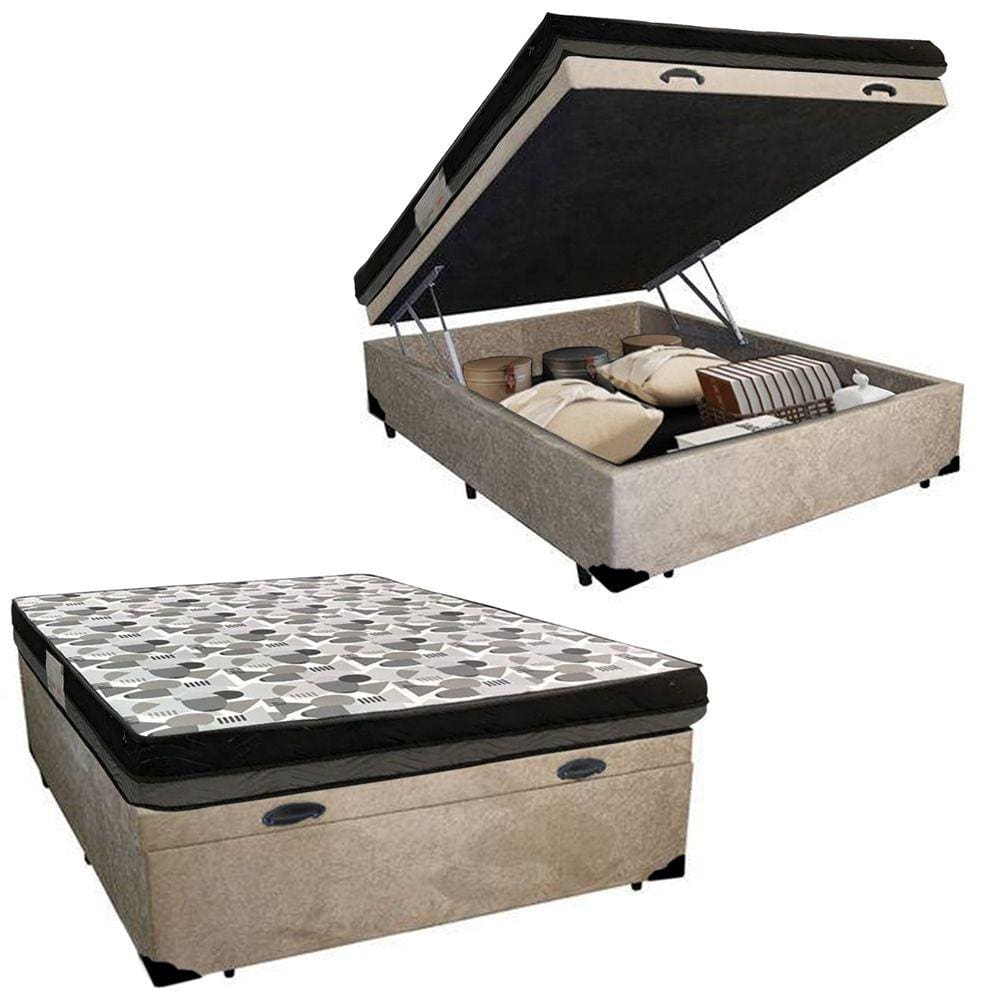 Cama Baú Casal Suede + Colchão Casal Ortobom Iso Dupla Face 60X138X188