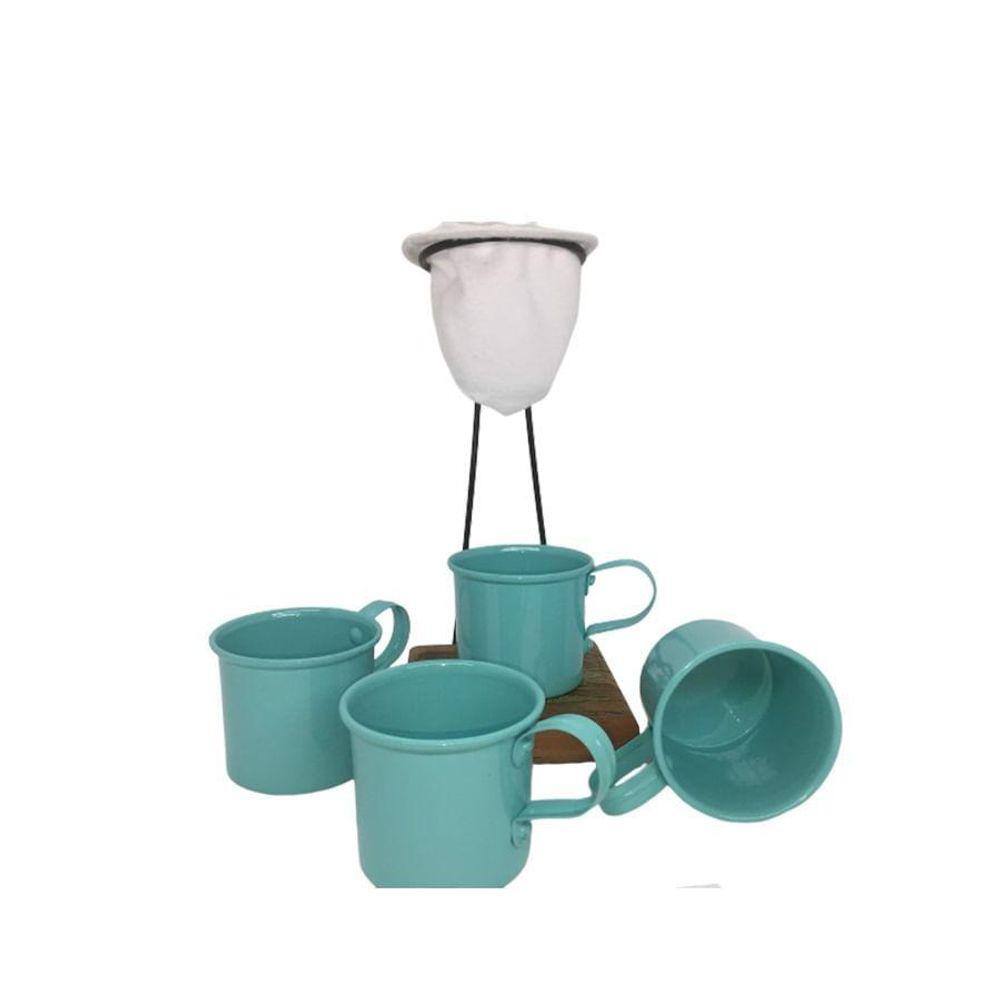 Kit De Café Individual 4 Canecas Azul Claro Coador Demolição
