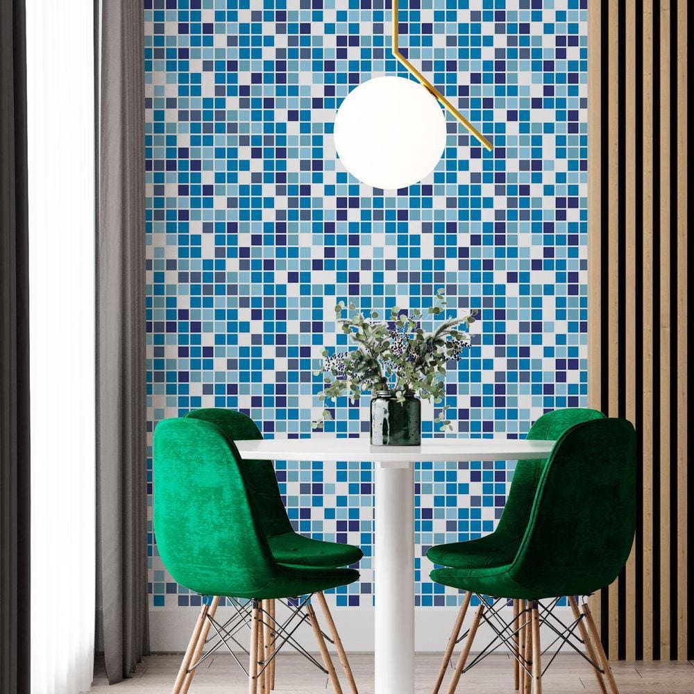 Kit 9 Rolos Papel De Parede Adesivo Pastilha Azul 3,0M