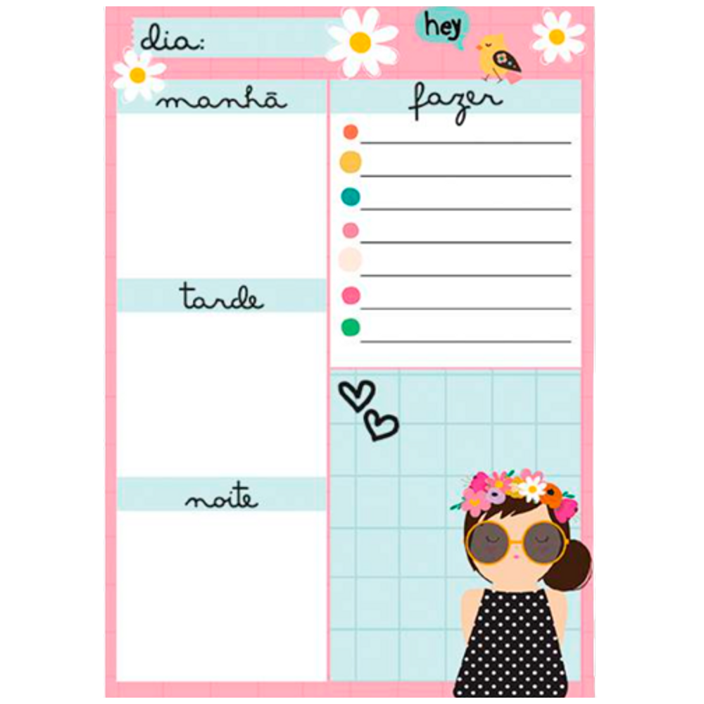 Bloco planner Diário 60 folhas decoradas Menina óculos