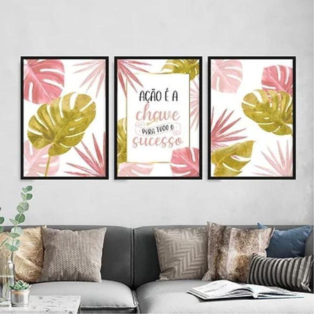 Kit 3 Quadros Ação É A Chave Para O Sucesso 33X24Cm Preta