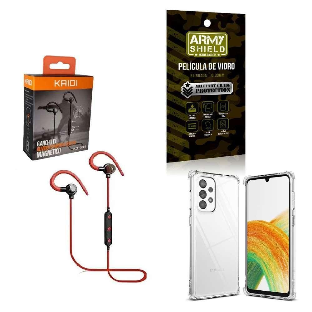 Kit Capinha Samsug A33 Fone Bluetooth E Película De Vidro 3D