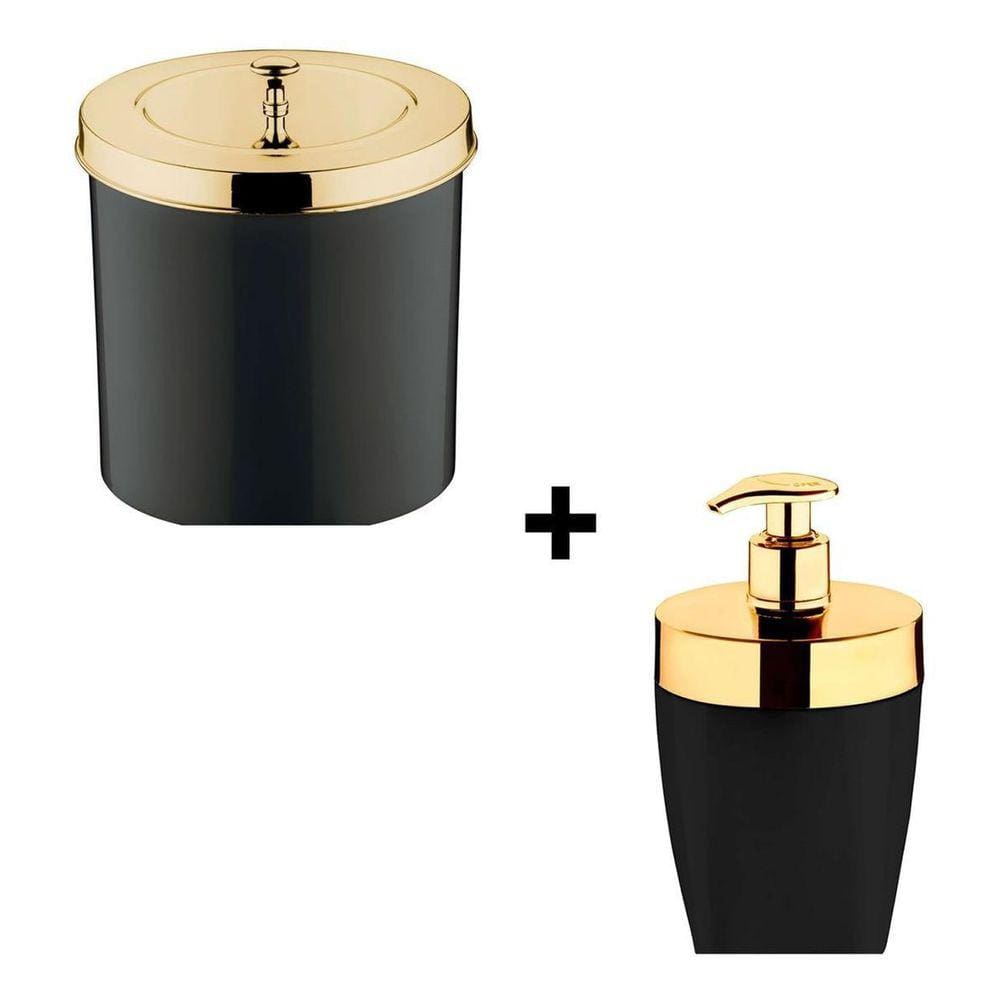 Lixeira 5 Litros E Porta Sabonete Líquido Preto / Dourado