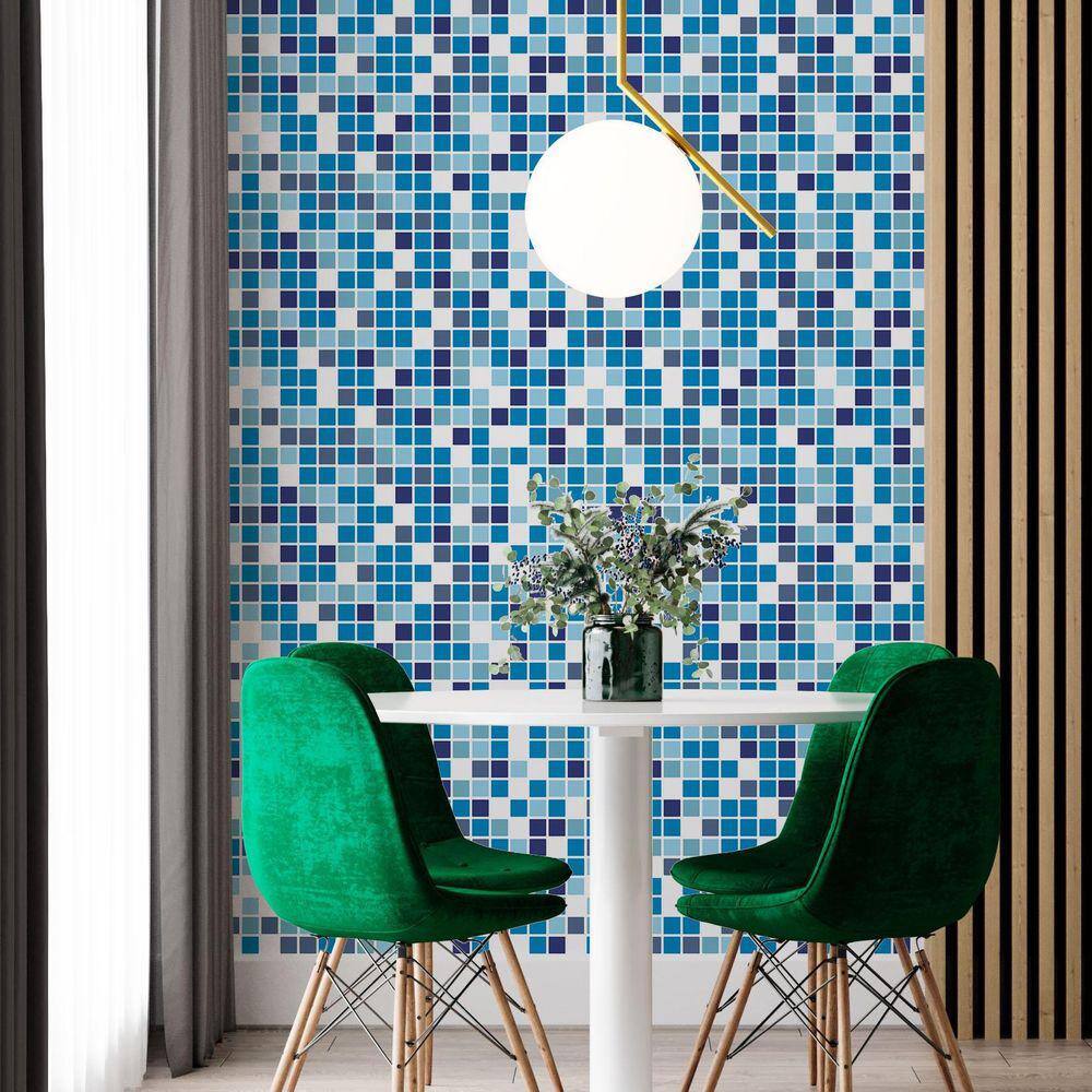 Kit 2 Rolos Papel De Parede Adesivo Pastilha Azul 3,0M