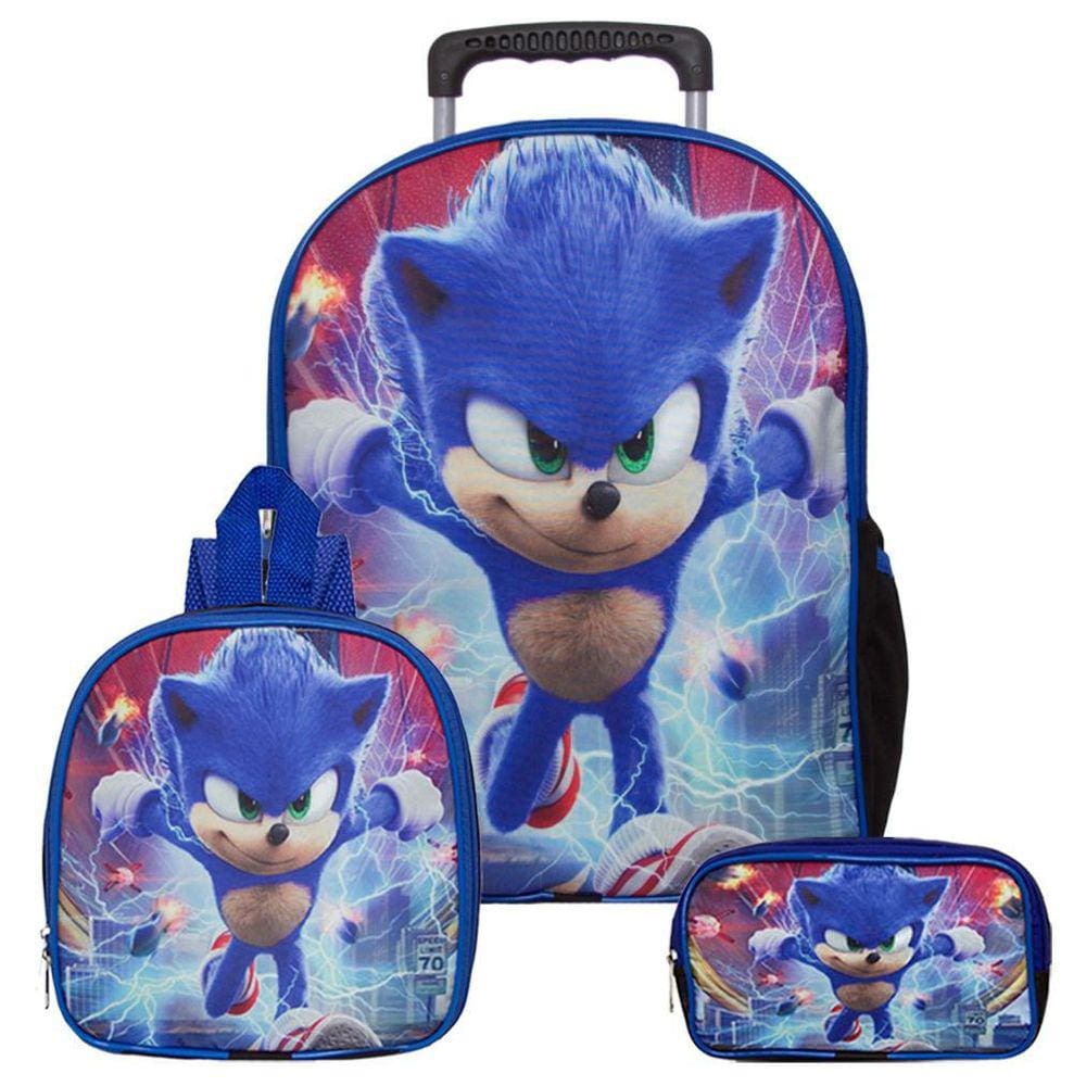 Mochila Escolar Juvenil Menino Sonic Jogo Lancheira Estojo na