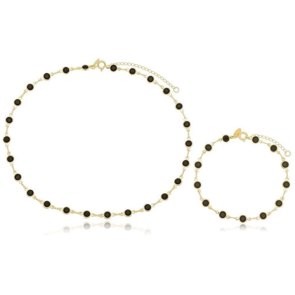 Choker E Pulseira Bolinha Preta E Dourada Banhada A Ouro 18K