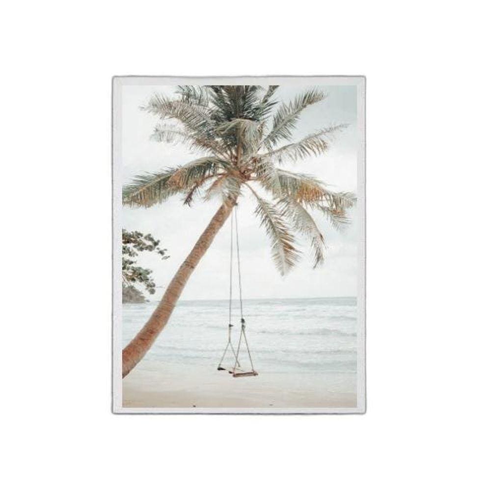 Quadro Praia Coqueiro Balanço 45X34Cm Madeira Branca