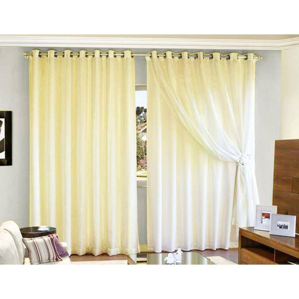 Cortina Quarto Voal Liso Forro Microfibra Palha 6,00X2,80