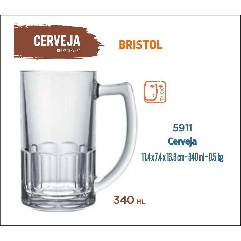 12 Canecas De Vidro Bristol 340Ml - Chope Cerveja