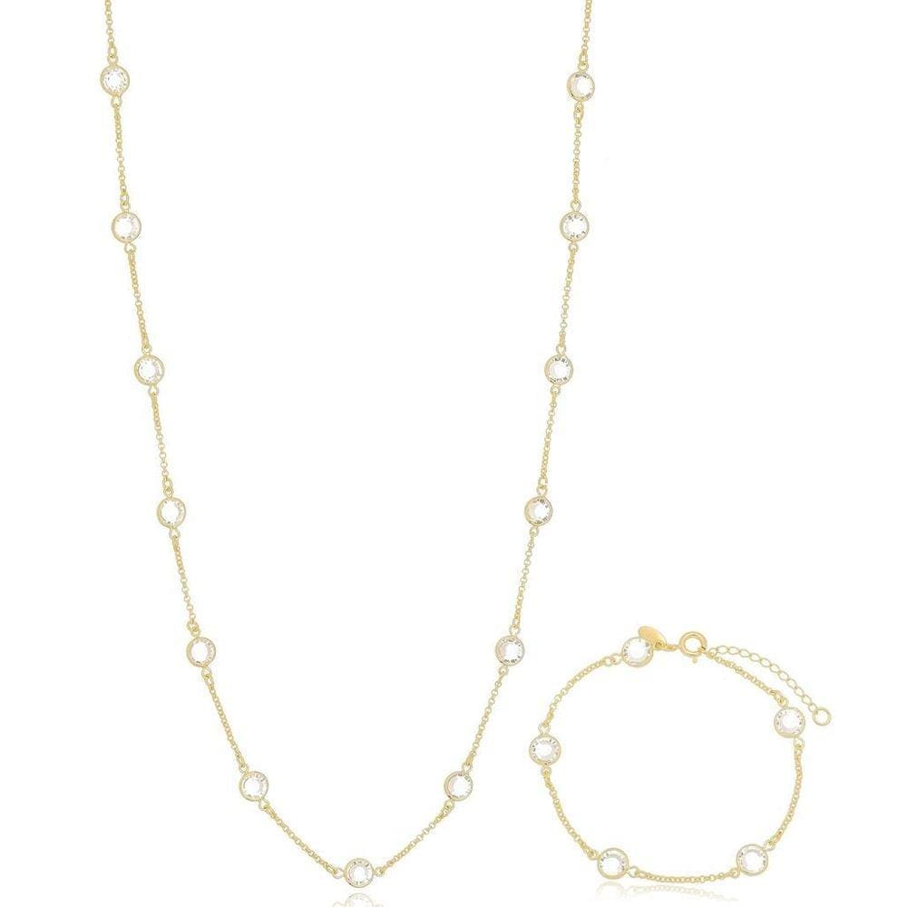 Colar E Pulseira Cristal Banhado A Ouro 18K