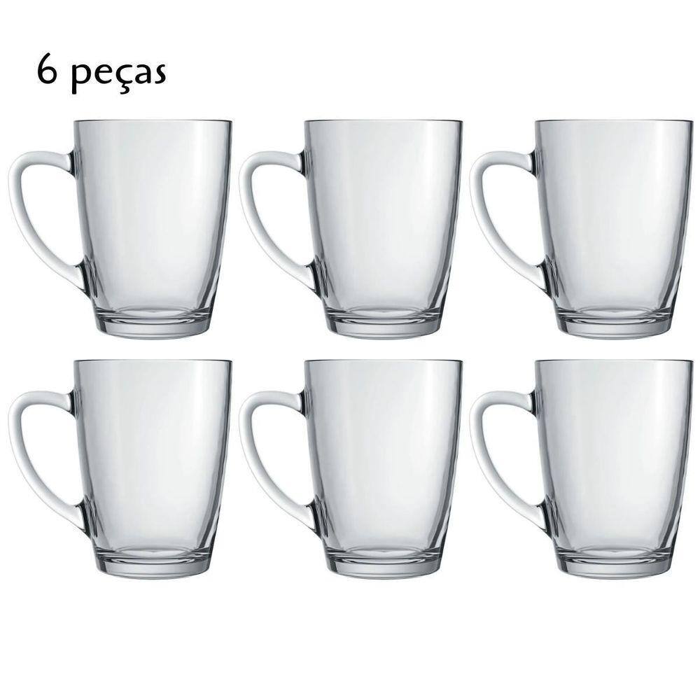 Jogo De Canecas Em Vidro 6 Peças Tarsila 300Ml Com Alça