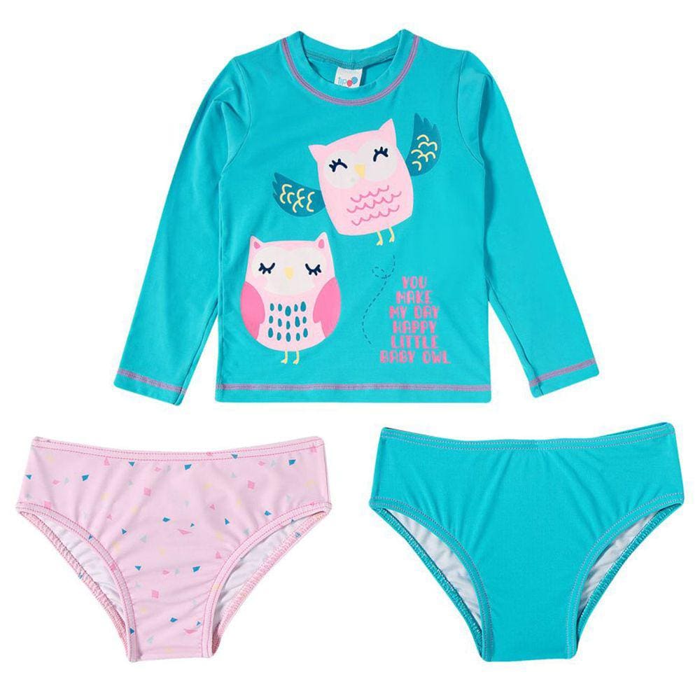Conjunto Praia Infantil com 2 Calcinhas Coruja Turquesa Tip Top