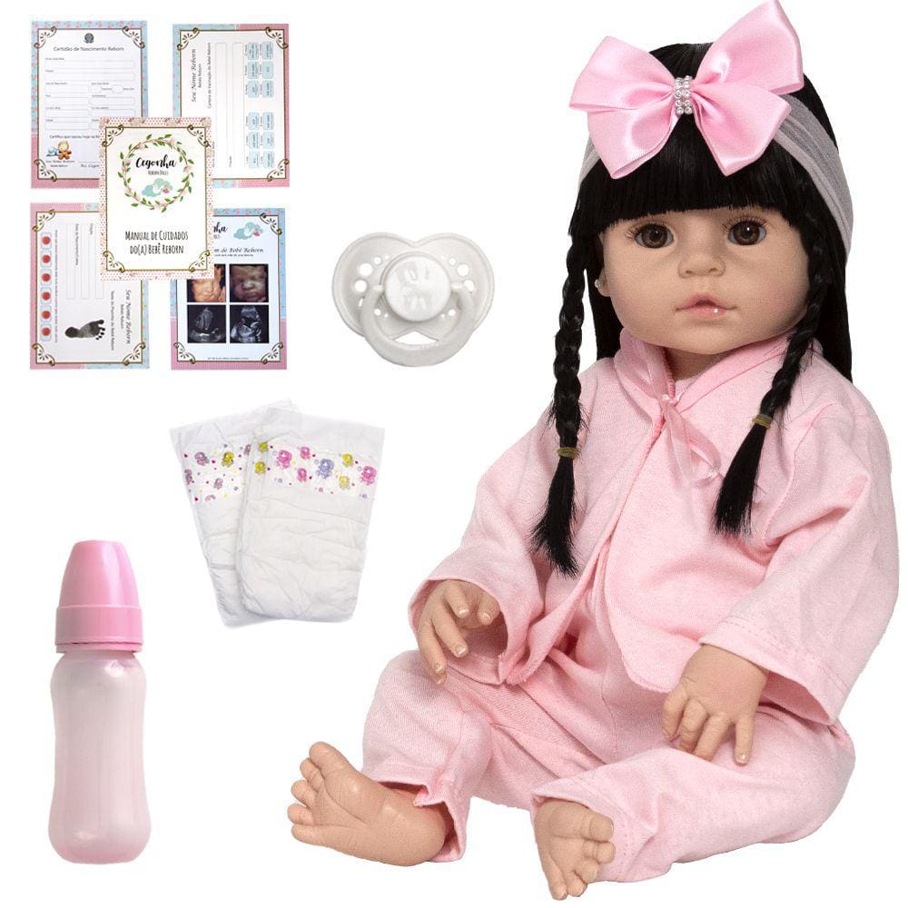 Boneca Estilo Bebê Reborn Real Baby Alive Menina Morena 52cm