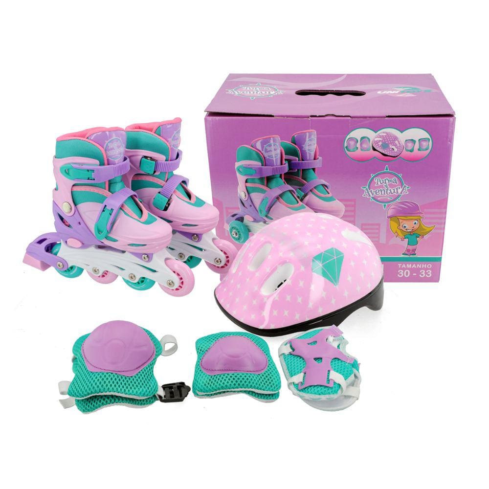 Patins 4 Rodas Infantil Feminino Inline e Triline Ajustável + Kit de Proteção Tamanho 30 - 33