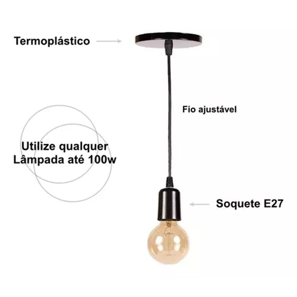 Pendente Soquete 1m Liso E27 Preto