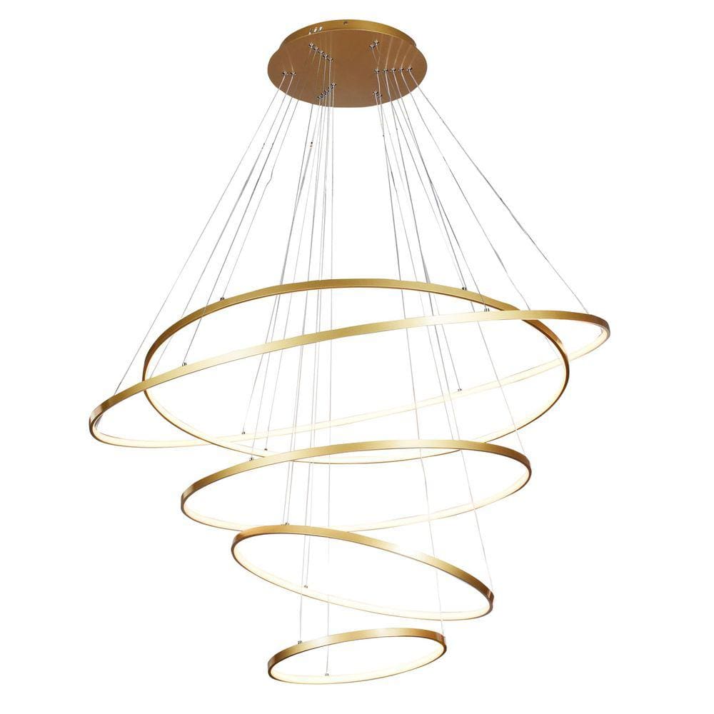 Pendente 5 Anéis Dourado 120cm Led 200W 3000K Bivolt com Cabo 4 Metros
