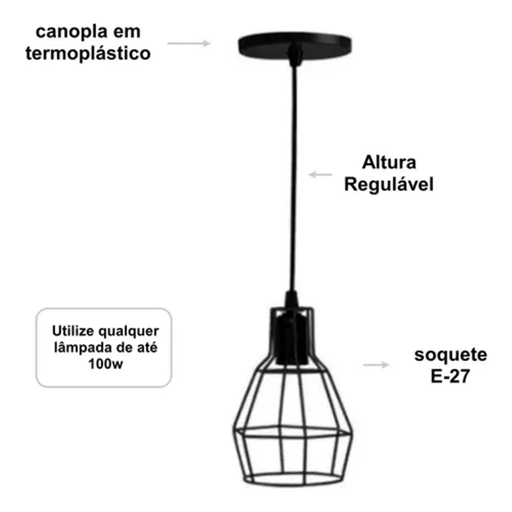 Lustre Pendente Aramado Retrô Lanterna Preta De 1m