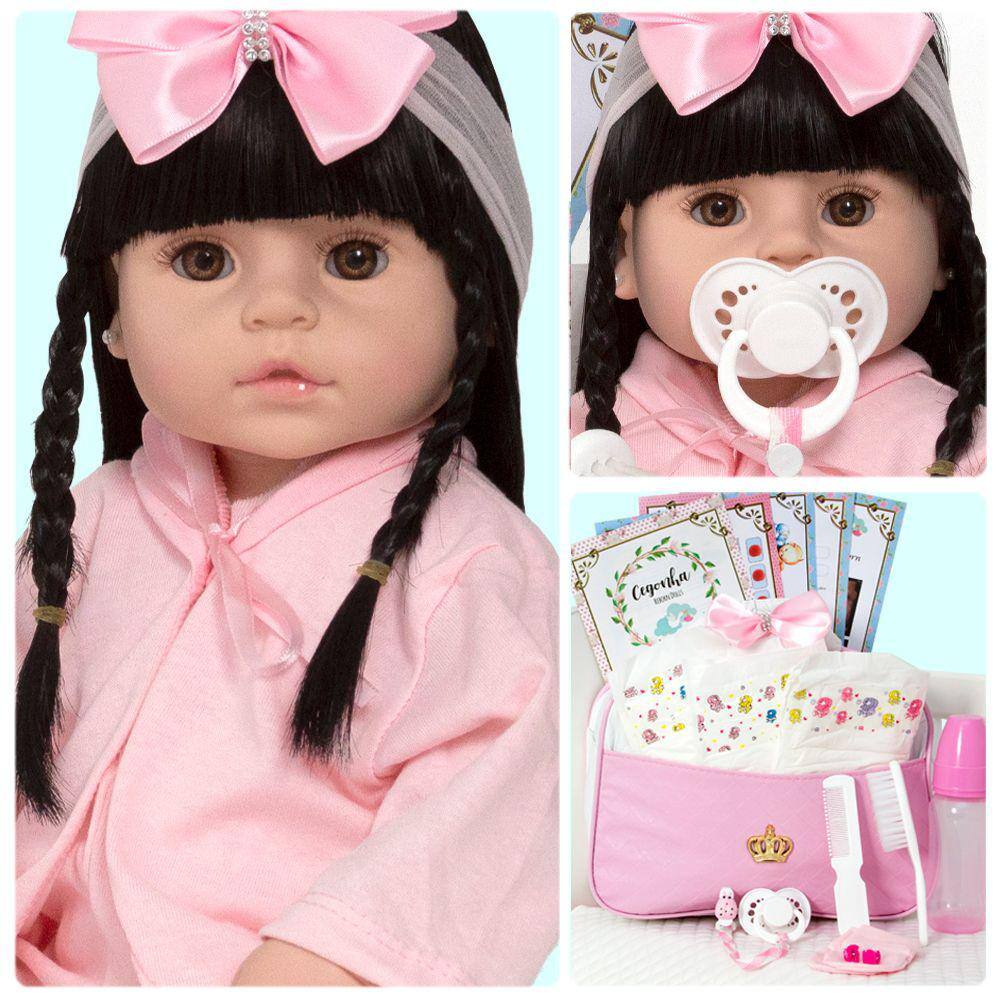 Boneca Bebe Reborn Fofinha Morena Com Bolsa Kit Acessórios