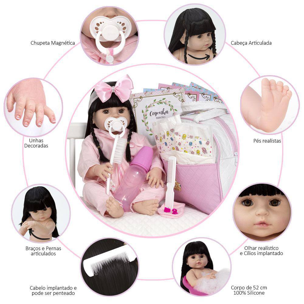 Boneca Bebe Reborn Fofinha Morena Com Bolsa Kit Acessórios