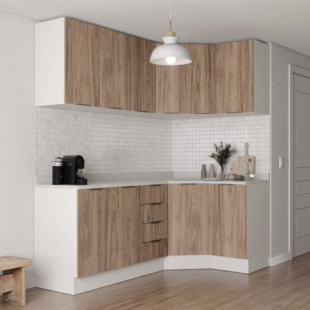 Cozinha Modulada 6 Peças com Tampo 3 Aéreos 6 Portas e 3 Balcões Ipanema CabeCasa MadeiraMadeira Acácia/Branco