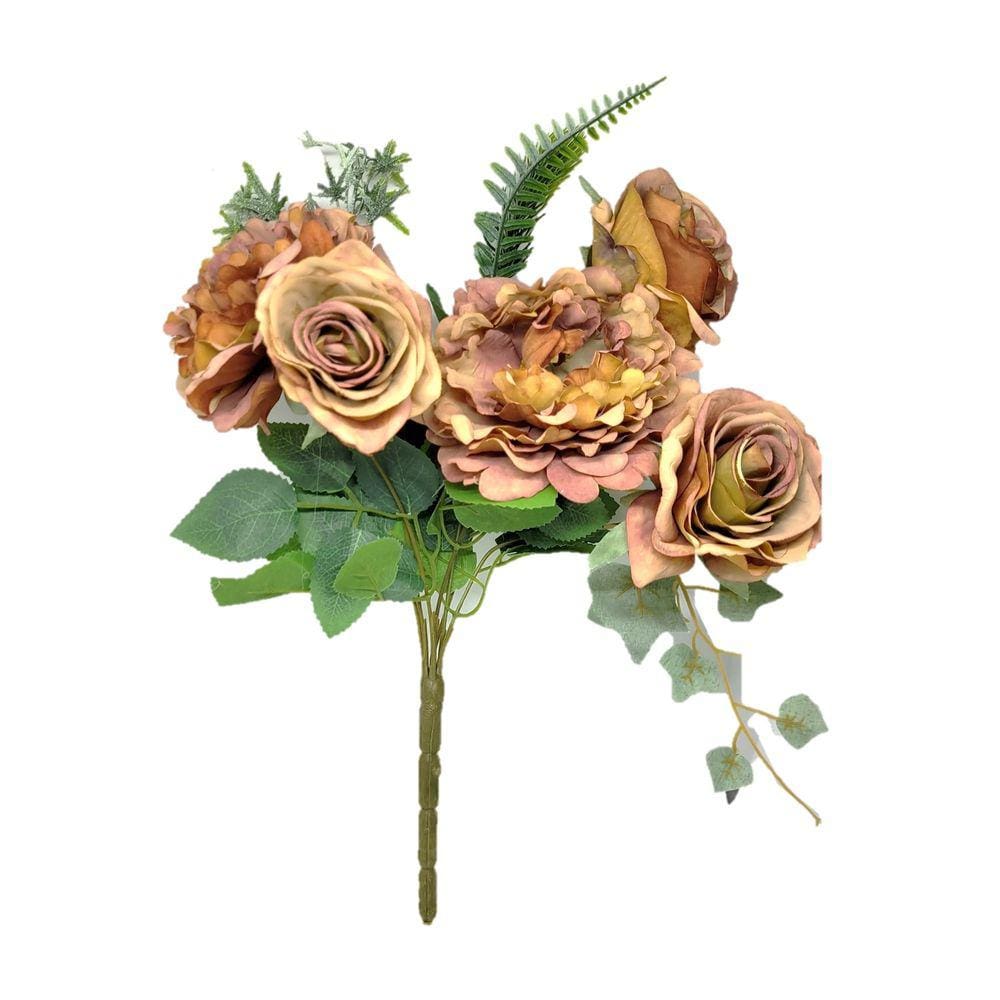 Buquê Peônia e Rosas Pêssego Fosco 5 Flores Folhagens Realistas 40cm