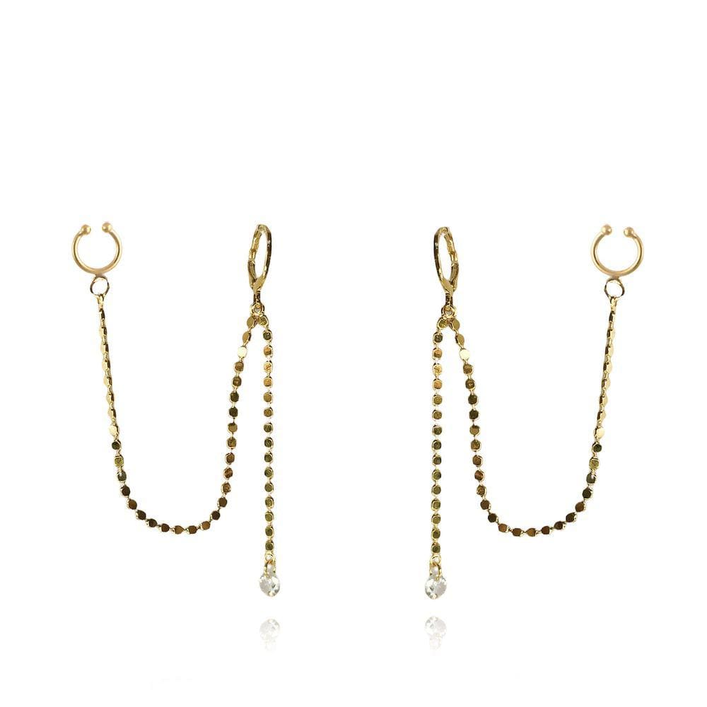 Brinco Argolinha Corrente Com Ponto De Luz E Piercing Fake Folheado Em Ouro 18k