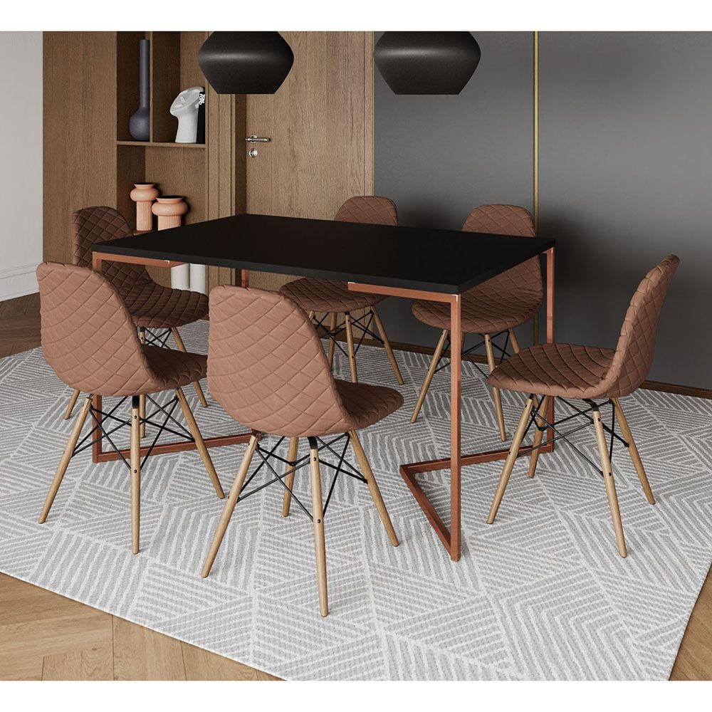 Mesa Industrial Retangular Preta Base V Cobre 137x90cm 6 Cadeiras Estofadas Eames Caramelo Madeira