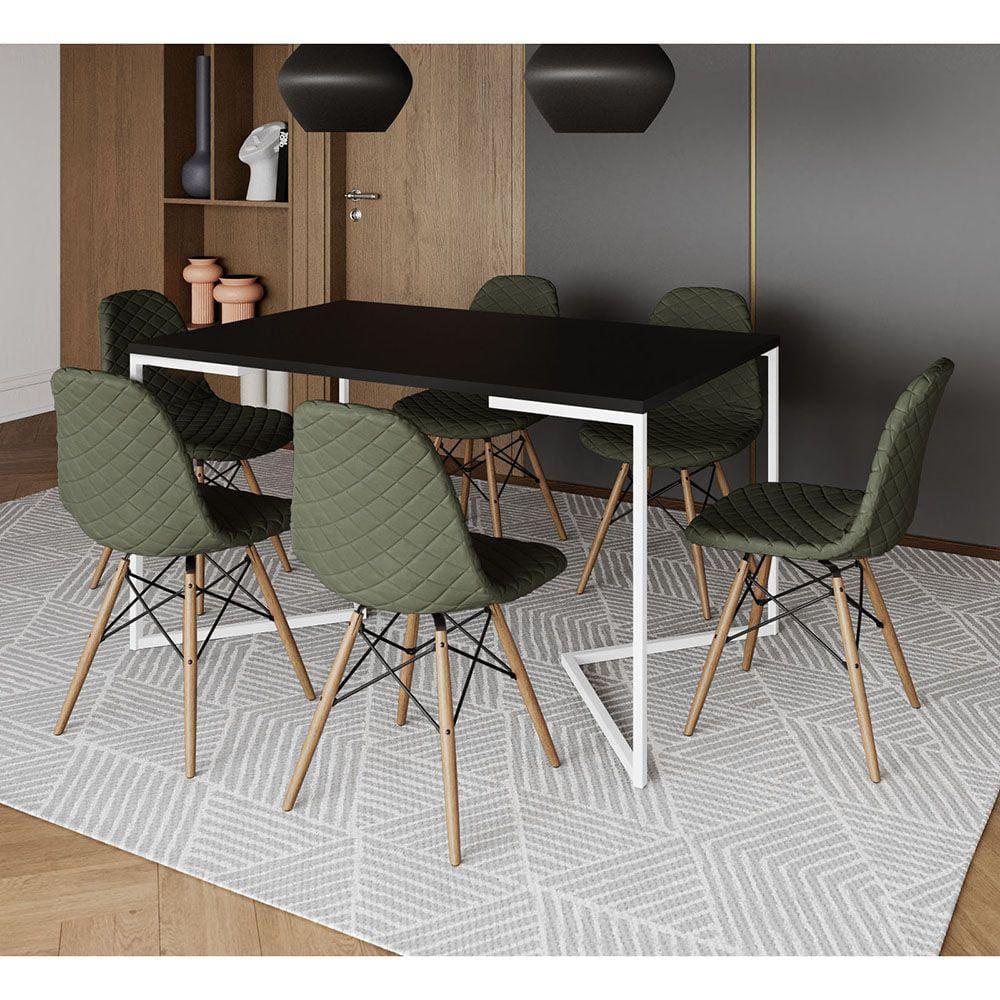 Mesa Industrial Retangular Preta Base V Aço Branco 137x90cm C/ 6 Cadeiras Madeira Estofadas Verdes