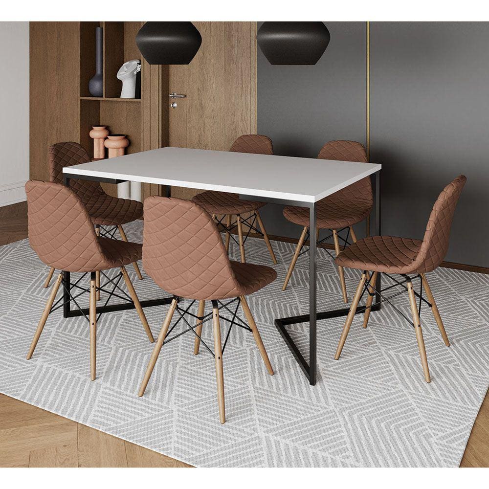Mesa Jantar Industrial Branca 137x90cm Base V Aço Preto C/ 6 Cadeiras Madeira Estofadas Caramelo