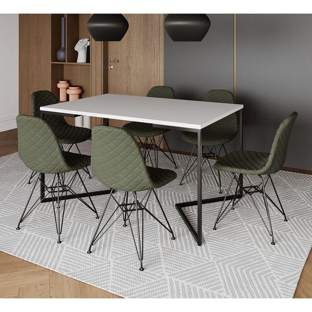 Mesa Jantar Industrial Branca 137x90cm Base V com 6 Cadeiras Estofadas Verdes Eiffel Aço Preto 