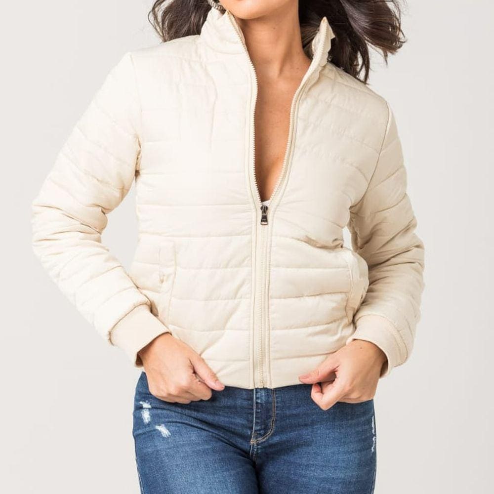 Jaqueta Feminina Nylon Bege Com Zíper Zune