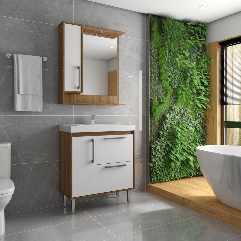 Gabinete para Banheiro 2 Gavetas 1 Porta com Espelheira 1 Porta Eleganza Ozini Mel/Branco