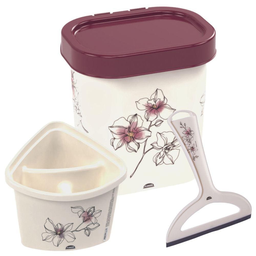 Kit Completo Decorado para Organização Pia: Lixeira, Rodinho e Escorredor de Talheres vinho Plasutil