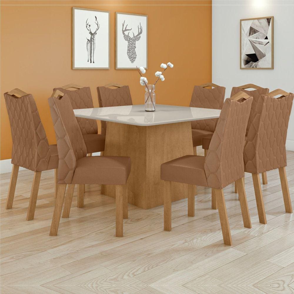 Conjunto Mesa Nevada 130cm Tampo MDF/Vidro 8 Cadeiras Vênus Móveis Lopas Amêndoa Clean/Off White/Sintético Caramelo