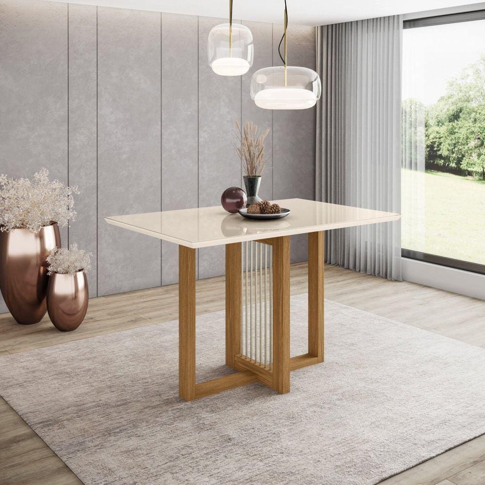 Mesa de Jantar 4 Lugares 120cm Tampo MDF e Vidro Canto Reto Natalí Marrom/Off White