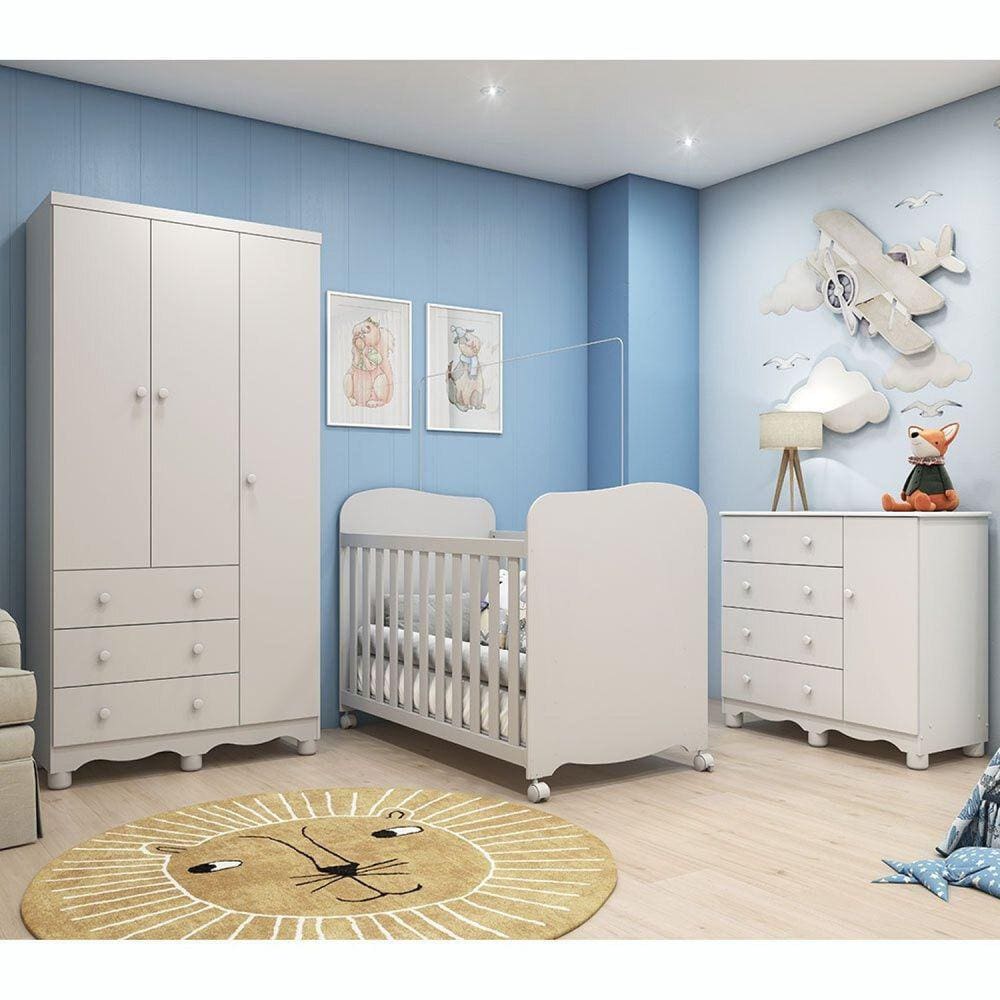 Quarto de Bebê Completo Guarda Roupa Cômoda Júnior e Berço Uli Móveis Peroba Branco Brilho
