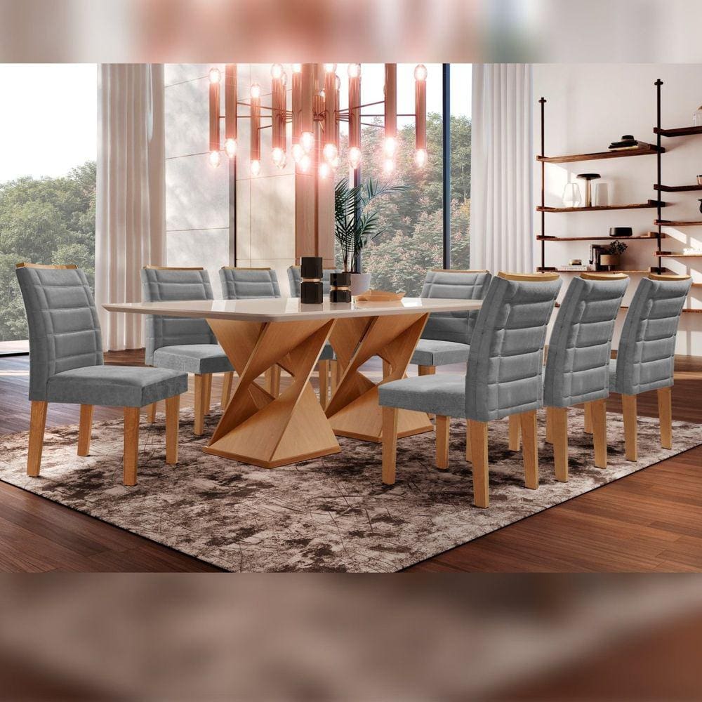 Conjunto Sala De Jantar Genova Tampo Vidro/MDF com 8 Cadeiras Genova Smart Plus Cel Móveis Cinamomo/Off White/Cinza